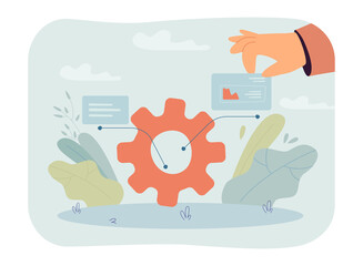 Hand holding report on work of gear, mechanism part and system. Research process, data analysis by person flat vector illustration. Technology concept for banner, website design or landing web page