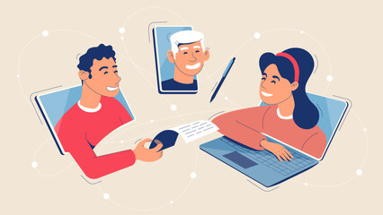 A video conference of characters where employees discuss work processes