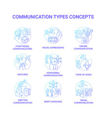 Communication types blue gradient concept icons set. Exchanging information idea thin line color illustrations. Functional communicators. Isolated symbols. Roboto-Medium, Myriad Pro-Bold fonts used