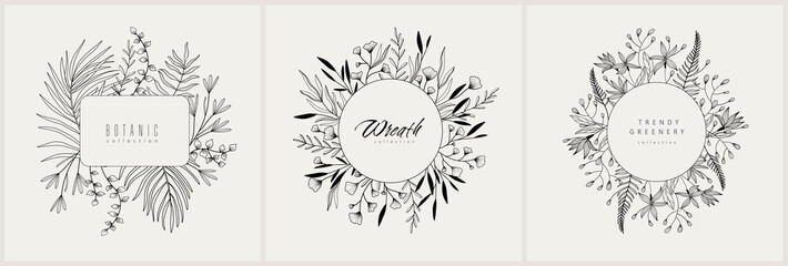 Set of floral decoration wreath and round labels. Branch and minimalist flowers. Hand drawn line wedding herb, elegant leaves for invitation save the date card. Botanical rustic trendy - 501129342