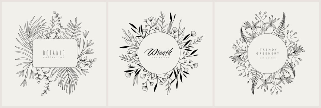 Set of floral decoration wreath and round labels. Branch and minimalist flowers. Hand drawn line wedding herb, elegant leaves for invitation save the date card. Botanical rustic trendy