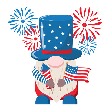 American Independence day patriotic gnome in a top hat holding cracker and flag in hands. Vector illustration. Holiday 4th of July party invitation, card design. Isolated on white background.
