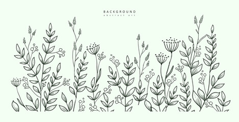 Luxury botanical background with trendy wildflowers and minimalist flowers for wall decoration or wedding. Hand drawn line herb, elegant leaves for invitation save the date card. Botanical rustic