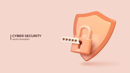 Cyber security concept. Realistic 3d padlock with password and shield. The concept of mobile phone and personal data protection. Vector illustration - 501129788