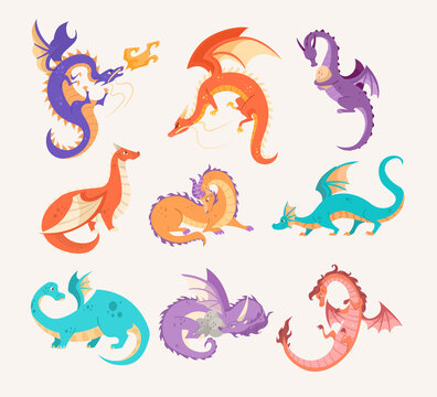Colorful dragons on white background cartoon illustration set. Cute magical creature flying, sitting, fighting, walking, releasing fire, hatching eggs, expecting baby. Fantasy, reptile concept