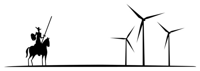 Modern Don Quixote Fight chasing imaginary evils windmills Wind turbine silhouette t-shirt print - obrazy, fototapety, plakaty