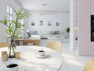3D illustration. nordic style kitchen in an apartment.