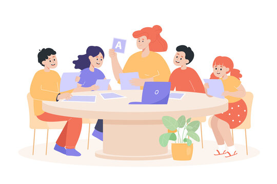 Teacher and children sitting at table in classroom. Girls and boys using tablets, computer or laptop, learning together flat vector illustration. Education, study concept
