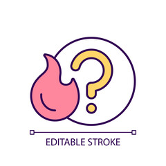 Question mark and burning flame RGB color icon. Answers on actual questions. Emergency information support. Isolated vector illustration. Simple filled line drawing. Editable stroke. Arial font used