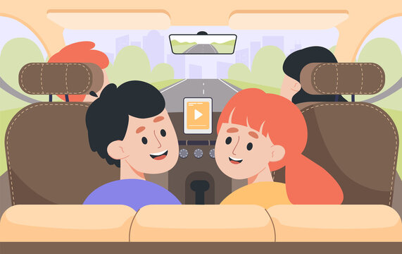 Kids sitting on back seats of car flat vector illustration. Boy and girl going on auto trip or journey with parents. Family spending holiday together. Travel, road trip concept