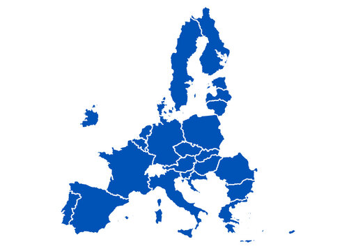 Mapa azul de la Unión Europea en fondo blanco. 