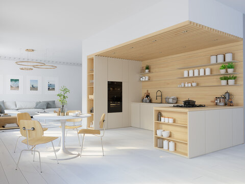 3D illustration. nordic style kitchen in an apartment.