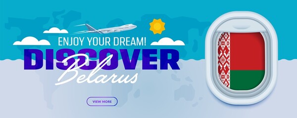 Flight to Belarus traveling theme banner design for website, mobile app. Modern vector illustration. © studioworkstock