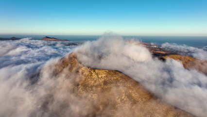Top view of Lanzarote volcanoes. Drone flight over Lanzarote island