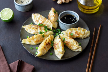 Fried dumplings with soy sauce. Gyoza. Healthy eating. Asian food.