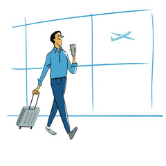 Man with suitcase and cup of coffee in airport. Vector illustration eps 10 on white background