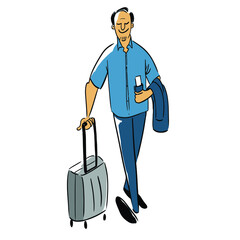 Man with suitcase and passport in his hand . Vector illustration eps 10 on white background