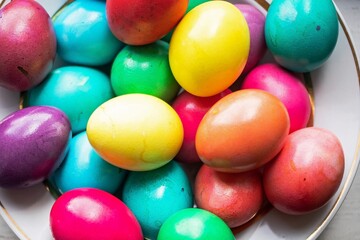 painted multi-colored chicken eggs in a wide white plate as a symbol of the holiday of Catholic believers