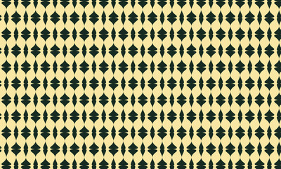 Pattern of intertwined abstract shapes forming a geometric print of dark green elements on a beige background. Retro and elegant style. For product design, corporate, textile, decoration, packaging.
