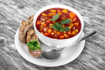 Vegetable soup. This cold and beverage is made of diced Vegetable mixed.