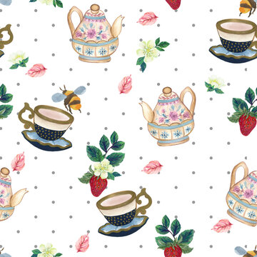 Retro pattern depicting a teapot, a mug of tea or coffee, strawberry and bee with a flower. Seamless pattern polka dot tiny little for textiles