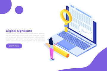 Digital signature isometric, Electronic Smart contract. Vector illustration