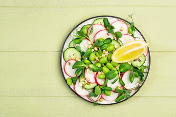 Spring salad plate with radish, cucumber, green pea, sunflower, soy and mung bean sprouts, edamame and flax seeds. Vegetarian vegan healthy food. Top view, green kitchen table