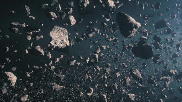 3d Render animation of an Asteroids field in deep blue space, fast panoramic cinematic linear shot