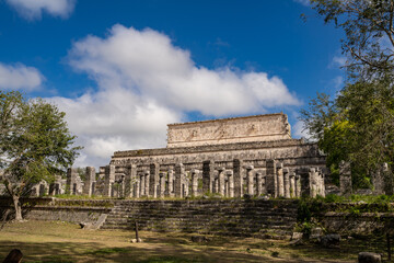 Fototapeta na wymiar temple Grand Ballcourt structures of Chichen Itza built by the Maya people of the Terminal Classic period in Tinúm Municipality, Yucatán State, Mexico 
