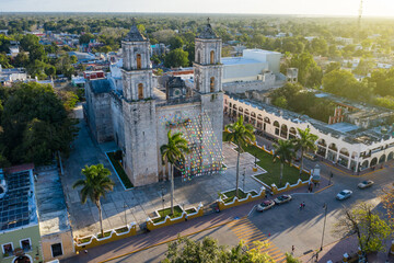 Aerial photo from above of Iglesia De San Servacio Cathedral in Valladolid Mexico down town main...