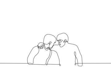 man hugged his friend and leaned over talking to him - one line drawing vector. concept of telling a secret, negotiating, friendly support