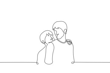 man holding on to the shoulders of another stands behind him and looks at him - one line drawing vector. concept of a playful request, flirting, asking to be carried on your back