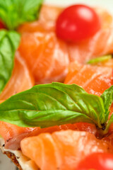 Bruschetta with pickled trout and salmon basil and tomatoes