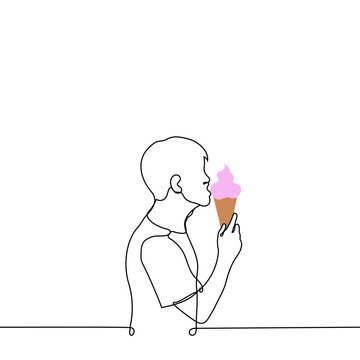 Man Eating Huge Pink Ice Cream Cone - One Line Drawing Vector. The Concept Of Eating Ice Cream, Sweet Tooth