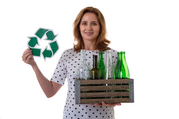 eco living and environment concept - smiling caucasian woman holding recycling symbol and wooden...
