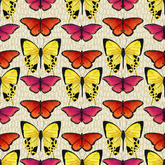Obraz na płótnie Canvas Butterfly seamless pattern, Summer fabric design, Insect ornament, Yellow and red butterfly wallpaper, Wrapping paper design, Bright ornament, Textile print, Backdrop design with butterflies