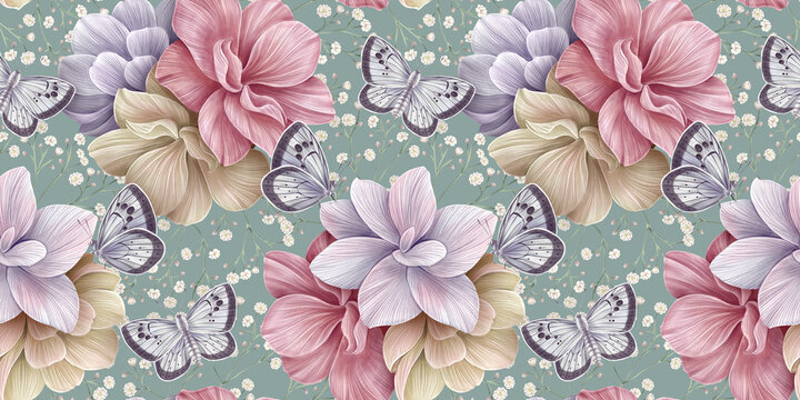Watercolor painting with hydrangea flowers bouquets, butterflies. Seamless pattern, luxury wallpaper, beautiful art. 3d illustration, pastel colors, pink, purple, turquoise, beige. Digital paper.