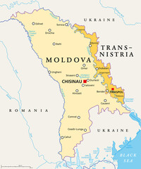 Moldova and Transnistria, political map. Republic of Moldova, with capital Chisinau, and the Pridnestrovian Moldavian Republic, PMR, a disputed and unrecognized breakaway state, with capital Tiraspol. - obrazy, fototapety, plakaty