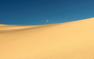 Moon against blue sky over sand dunes. Sand dunes against the blue sky.