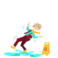 Cartoon bald old man stepping on water slipping down has a caution sign for slippery ground nearby on white background.Vector flat design concept of Elderly man Clumsiness, Injury, Failure, Safety.