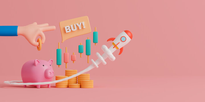 3d rendering concept stock market investment. money saving and invest, up trend candlestick chart with flying rocket.