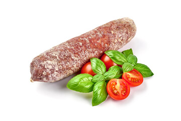 Italian salami with mold, isolated on white background.