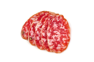 Italian salami with mold, isolated on white background.