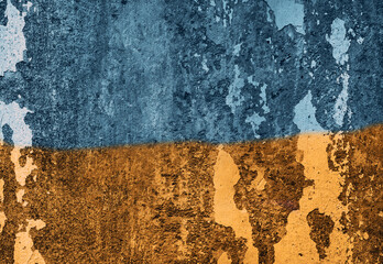 Yellow and blue Ukrainian flag on a peeling paint wall. Stop the war, help Ukraine. Copyspace