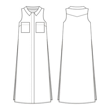 Fashion technical drawing of long sleeveless tunic with collar, pockets and high side slits