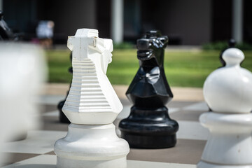 A giant peice of black horse is facing with white opposite site in the chess game. Business...