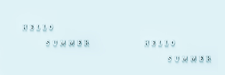 Text of wooden letters Hello summer on blue background. Summer time concept. New season. Summer greeting. Banner.