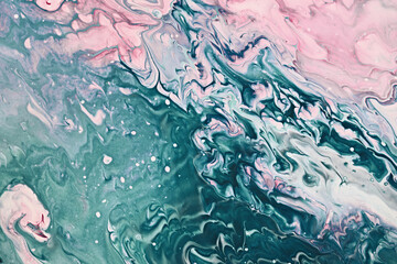 Fluid Art. Green and pink abstract wave swirls. Marble effect background or texture