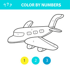 Coloring by numbers cute vector plane. Educational game for preschool children. Learning numbers.