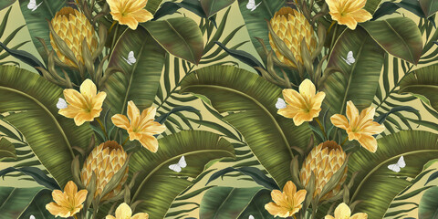 Exotic tropical pattren. Tropical gold flowers and leaves background. Protea, lilies, butterflies, palm leaves. Hand drawing 3d illustration. Dark tropical leaves wallpaper.